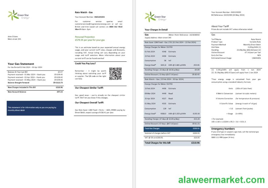 UK Green Star Energy energy utility bill Word and PDF, formats 3